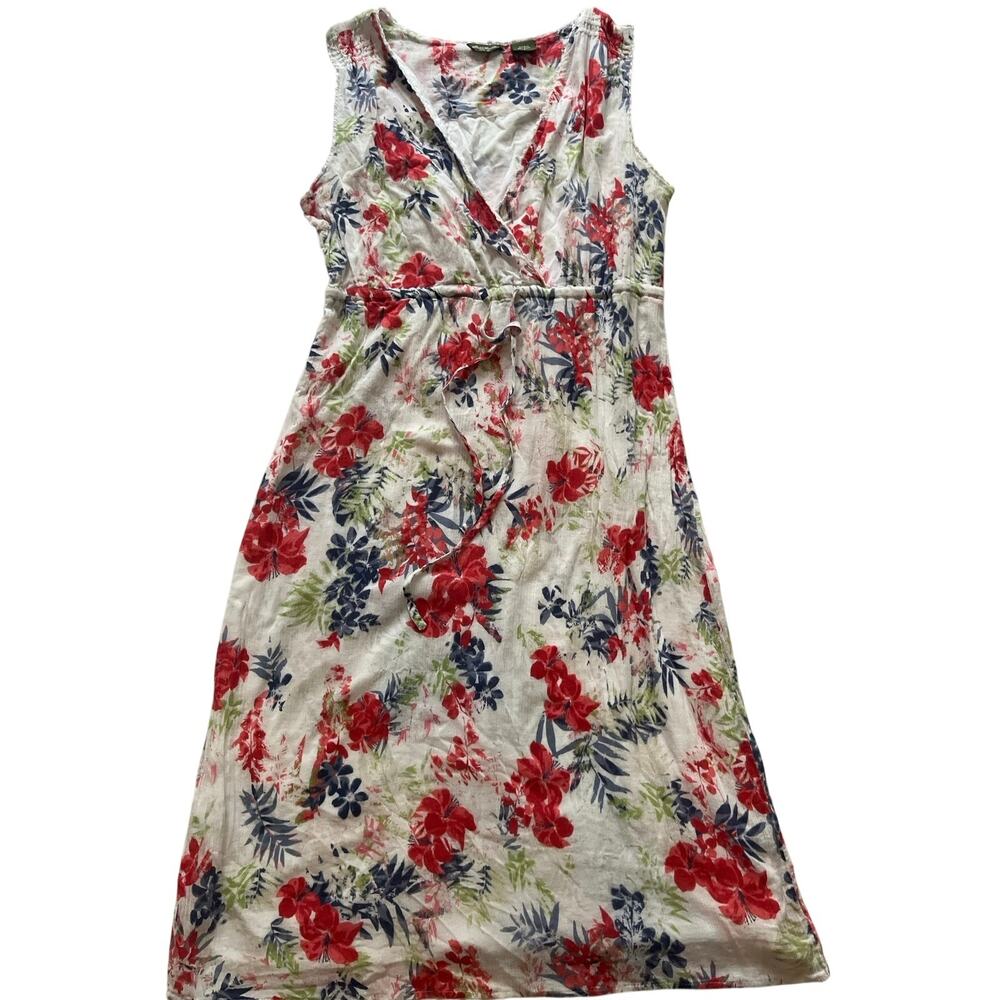 Eddie Bauer Floral Midi Dress Womens size 8 Cotton Tropical Drawstring V-Neck